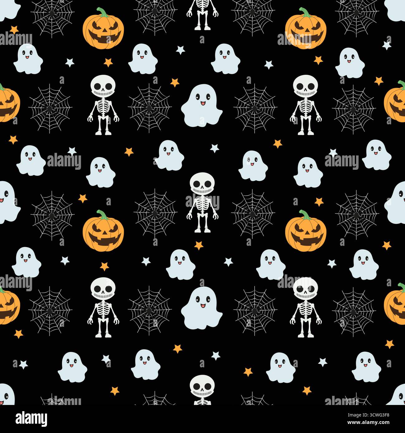 Nahtloses halloween-Muster mit Geistern, Skeletten, Kürbissen und Spinnweben auf schwarzem Hintergrund. Stock Vektor