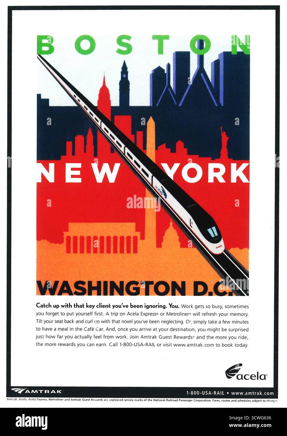 2005 Amtrak Ad, Acela Express und Metroliner Züge, die Vorteile einer Reise nach Boston, New York oder Washington D.C. Stockfoto