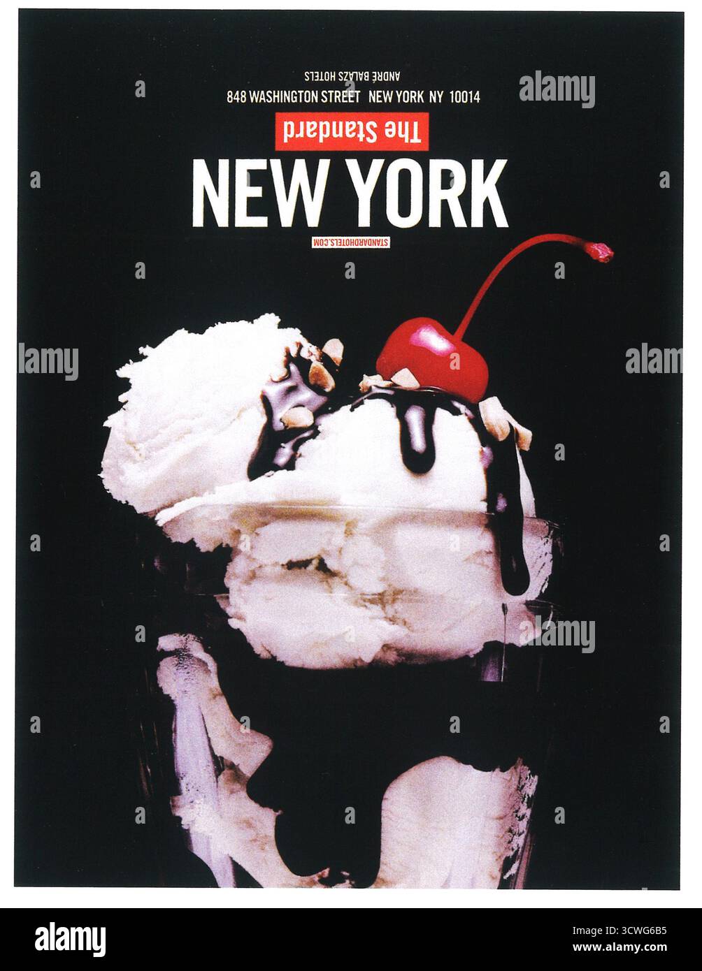 2008 The Standard New York Ad, ein Hotel an der 848 Washington Street in New York, NY, mit einem heißen Fudge-Eisbecher mit einer Kirsche oben. Stockfoto