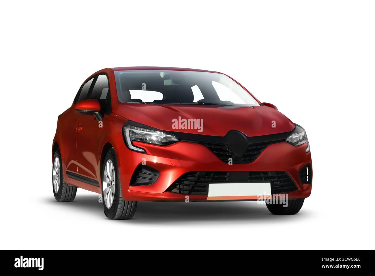 Studio-Aufnahme eines modernen Fließbeutelwagens auf weißem Hintergrund mit seiner eleganten rechten Seite. Stockfoto