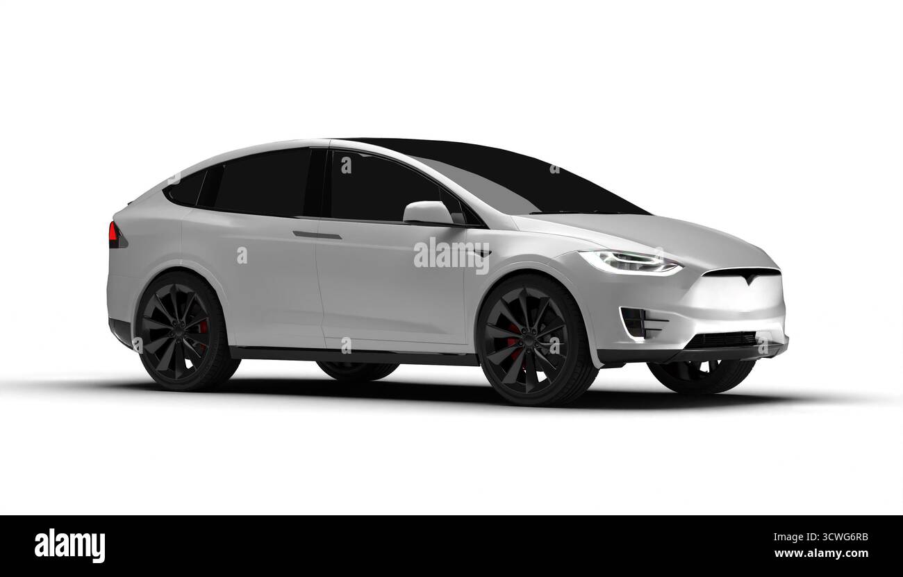 Teilweise rechts und vorn eines weißen Premium-Elektrofahrzeugs auf weißem Hintergrund Stockfoto