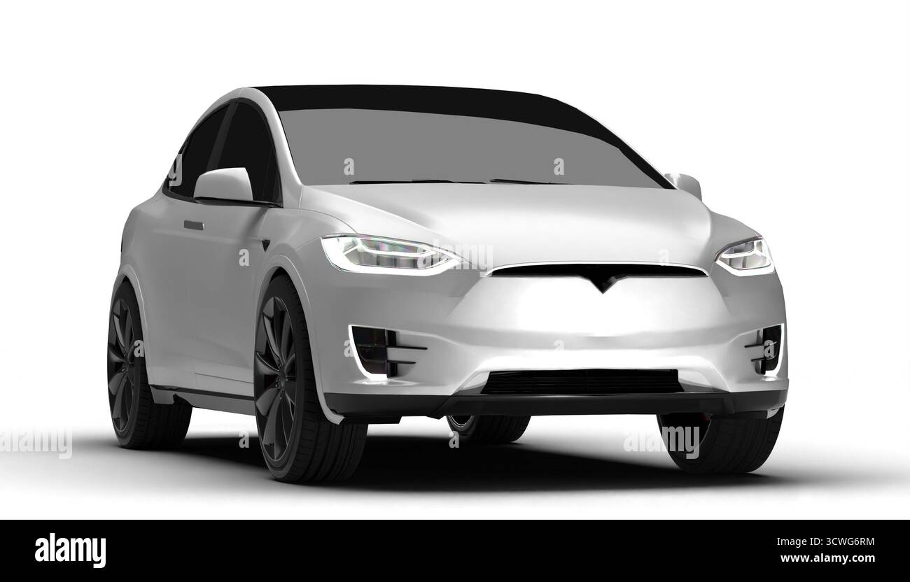 Teilweise rechts und vorn eines weißen Premium-Elektrofahrzeugs auf weißem Hintergrund Stockfoto