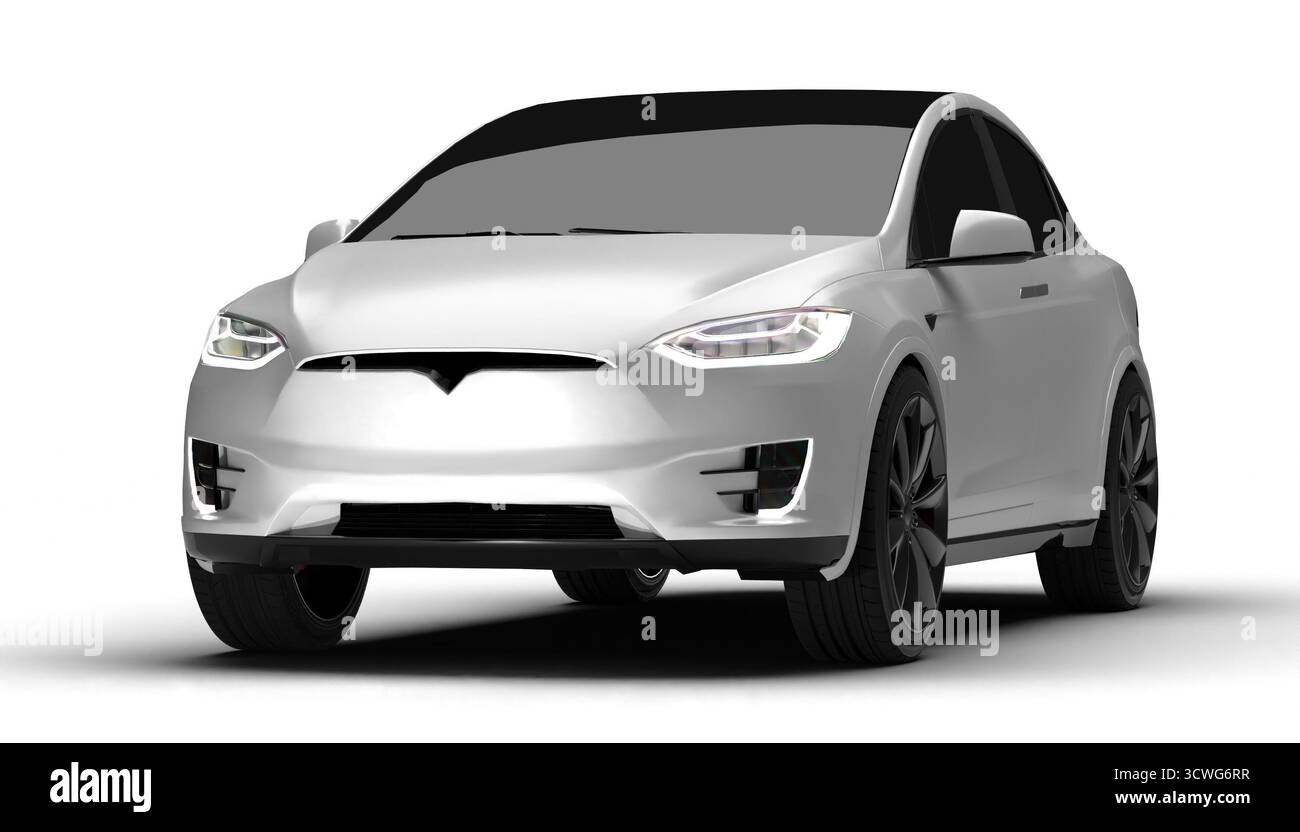 Teilweise links und vorn eines weißen Premium-Elektrofahrzeugs auf weißem Hintergrund Stockfoto