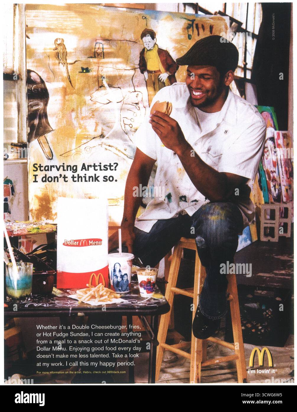 2006 McDonald's Dollar Menü Obst & Joghurt Double Cheesburger Werbung, „Hunger Künstler? Ich glaube nicht.“ Stockfoto