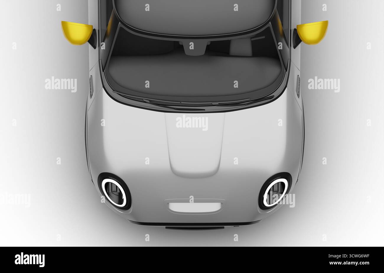 Motorhaubenansicht des grauen modernen Heckbagger-Elektroautos von oben nach unten auf weißem Hintergrund. Stockfoto