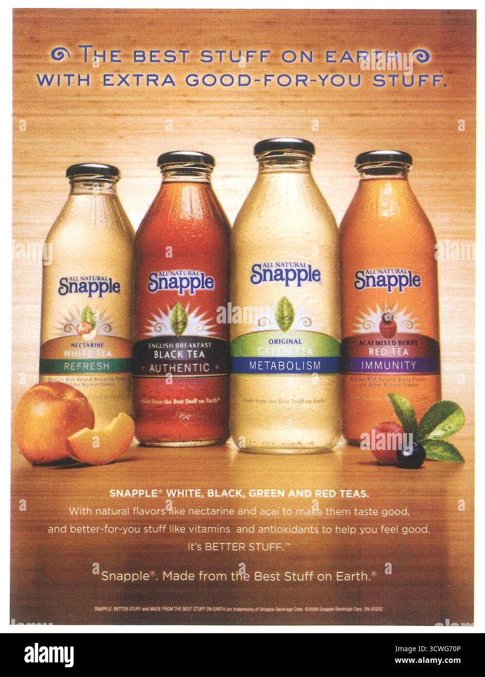 Die Teesorte Snapple aus den 2000er Jahren umfasst weiße, schwarze, grüne und rote Tees Stockfoto
