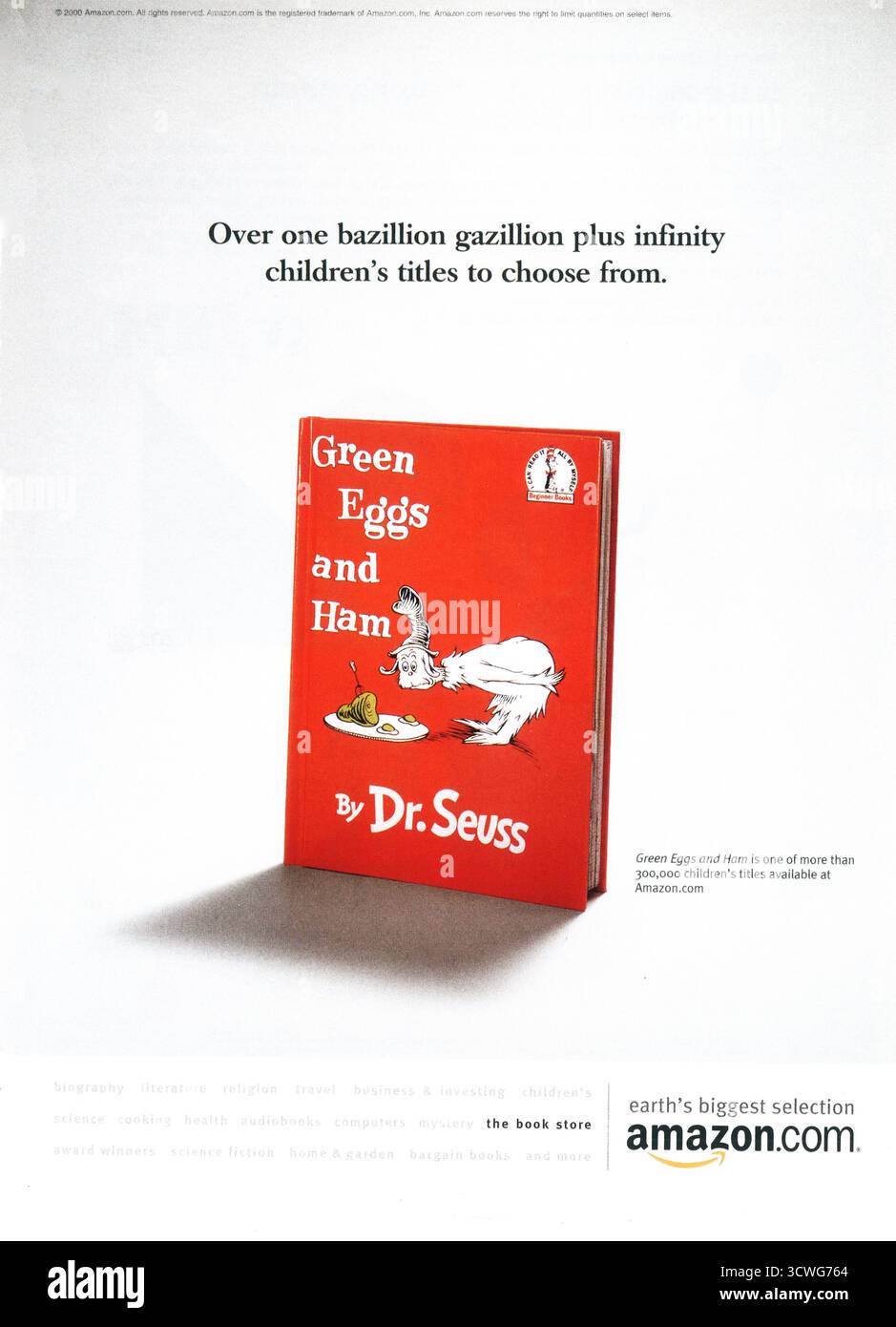 2000 Amazon-Anzeige, Buch Grüne Eier und Schinken von Dr. Seuss „über eine Gazillion plus unendliche Kindertitel zur Auswahl“ Stockfoto