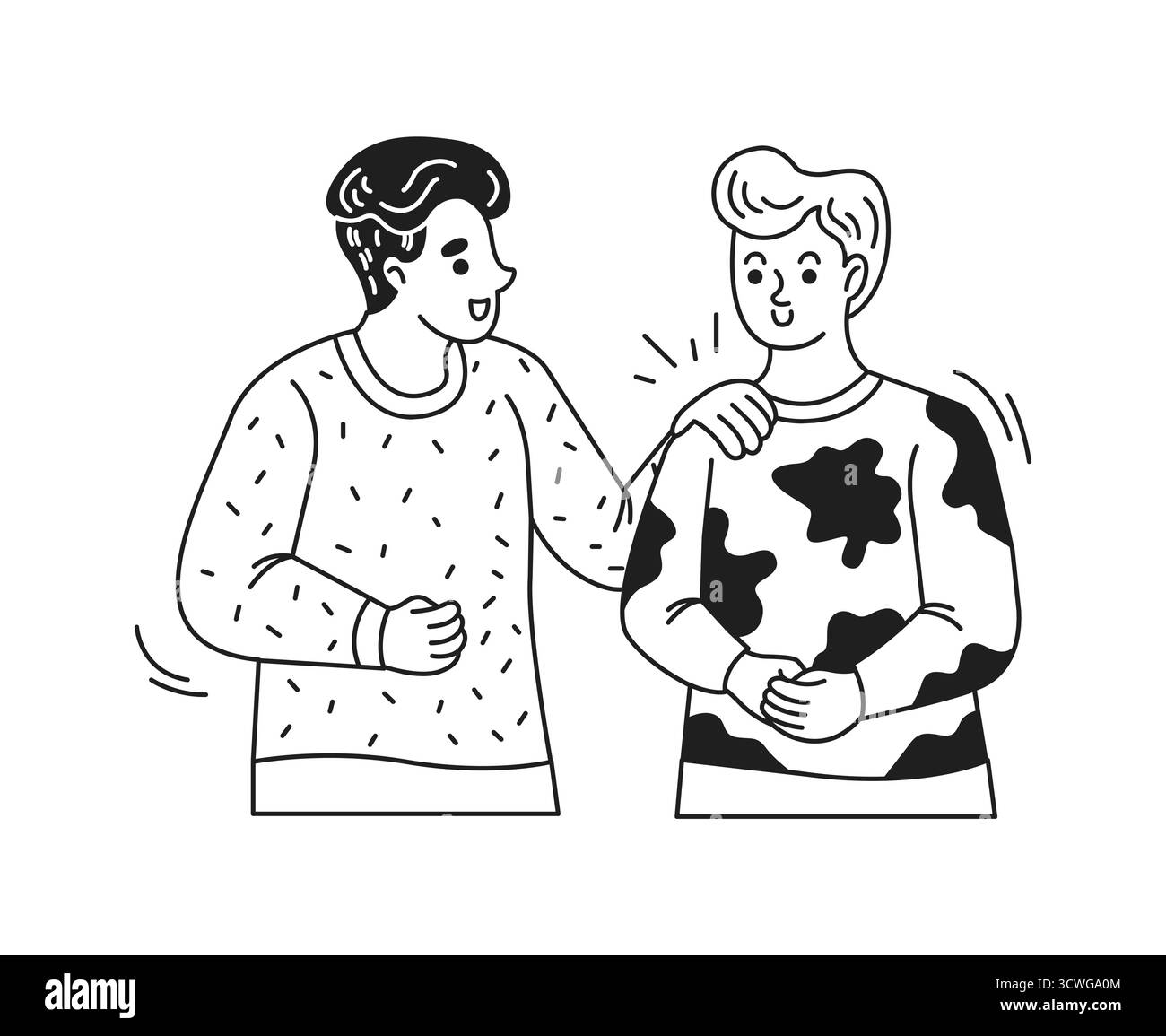 Zwei Comicfreunde, die lachen und sich gegenseitig unterstützen. Sie sind in einem einfachen Schwarz-weiß-Stil dargestellt. Perfekt für Illustrationen über Friendshi Stock Vektor