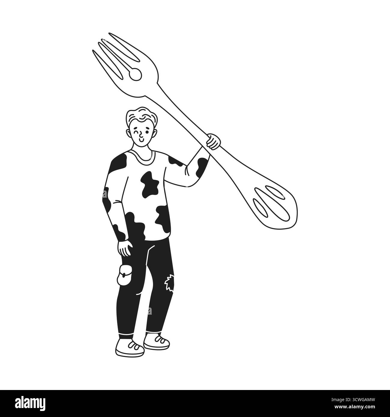 Schwarz-weiß-Illustration eines Zeichentrickmannes, der eine übergroße Gabel hält. In gemusterter Kleidung steht die Figur humorvoll auf einem schlichten Hintergrund Stock Vektor