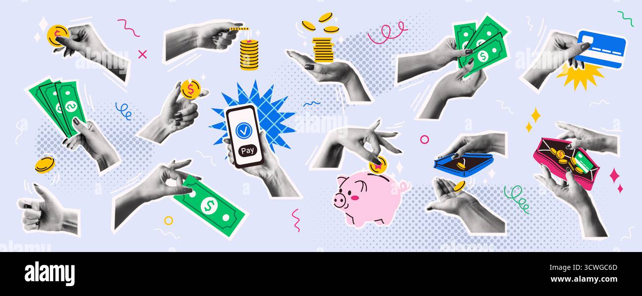 Dynamische Darstellung von Händen, die verschiedene Finanztransaktionen im lebendigen Pop-Art-Stil durchführen. Bunte Darstellung von Geldumschlag, Zahlungen und Stock Vektor