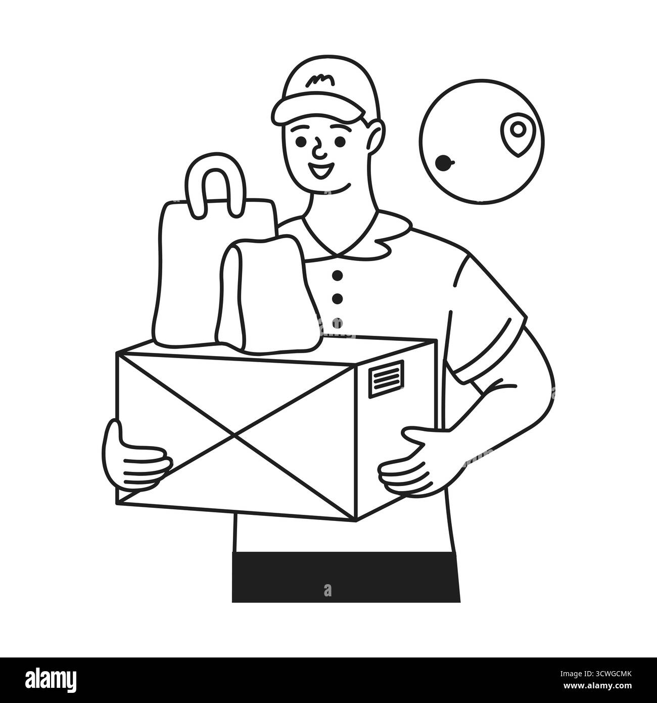 Illustration einer fröhlichen Entbindungsperson in Uniform. Pakete mit einer Position-PIN im Hintergrund werden gehalten. Schwarz-weiß-Linienart für Service Stock Vektor