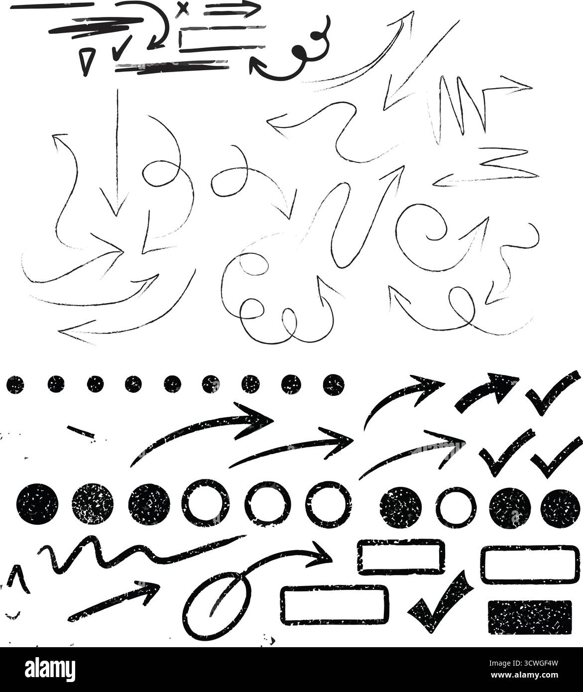 Kreative Pfeile im Grunge-Stil, Vektorkollektion, wunderschön und stilvoll. Fettgedruckte Pfeile, grafischer Satz isolierter Elemente aus Pinselstrichen, dicker poi Stock Vektor