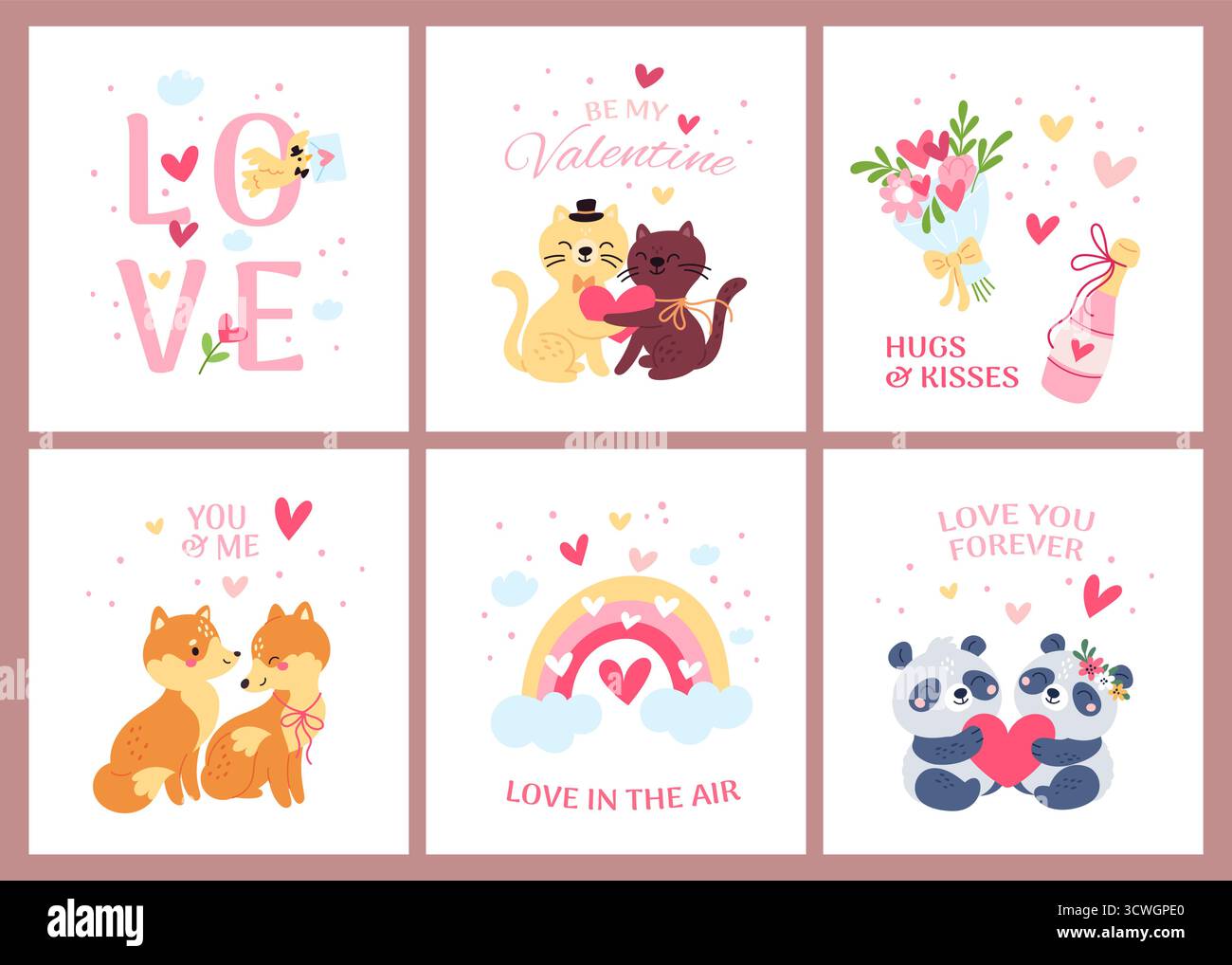Niedliche Tierkarten. Valentinstag Symbole, Herzen und Fauna Paare verliebt, lustige Zeichentrickfiguren, romantische Szenen, glückliche Katzen, Füchse Familie und Stock Vektor