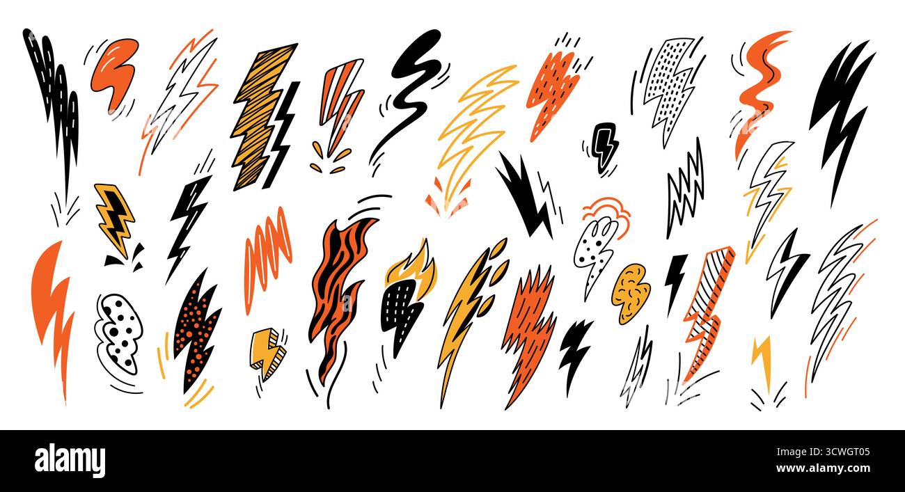 Farbige Doodle Thunderbolt. Lustige handgezeichnete Lichter, süße Strike Sketch, Comic-Elemente, Zeichentricksymbole, Energie- oder Pfeildesign, Zick Stock Vektor