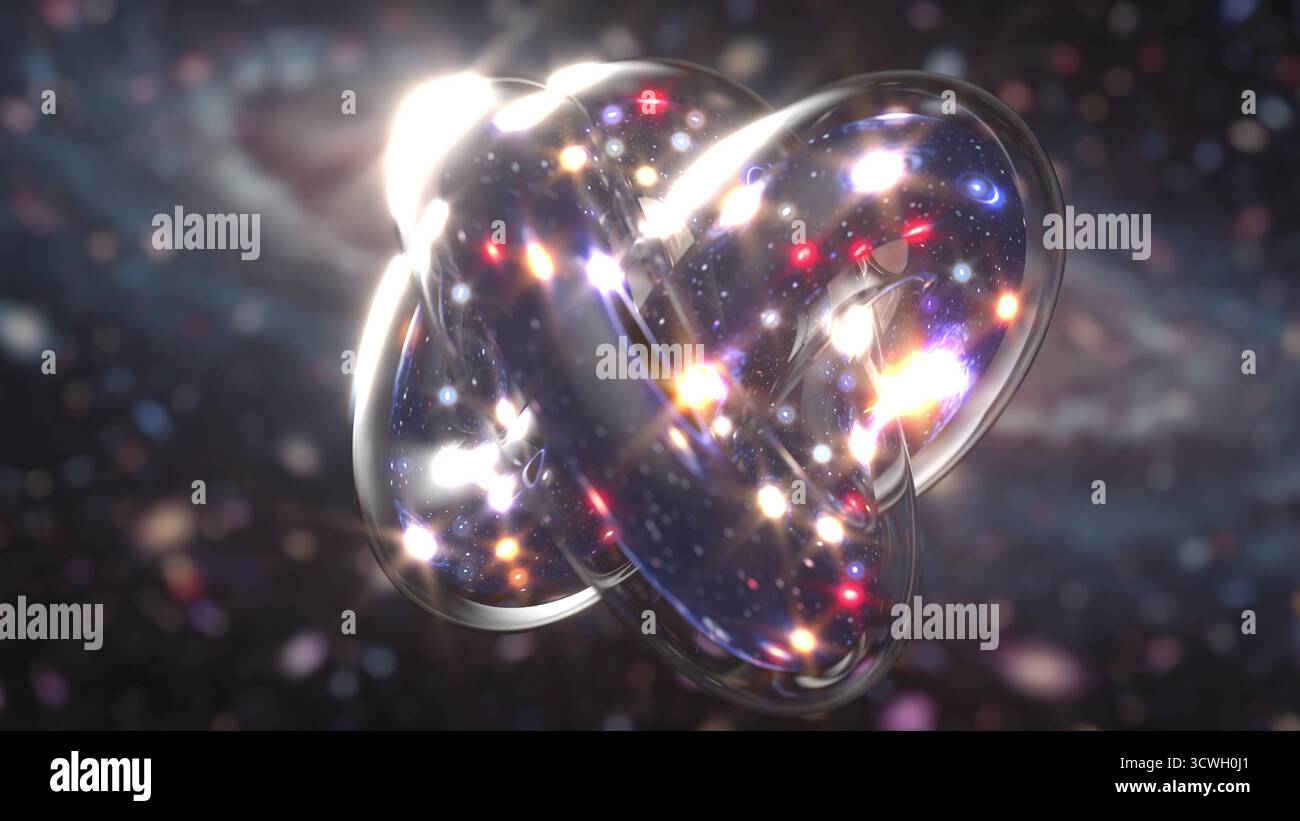 Stringtheorie Multidimensionales Universum Schwarze Löcher mehrfarbige Galaxien 3D-Rendering Stockfoto
