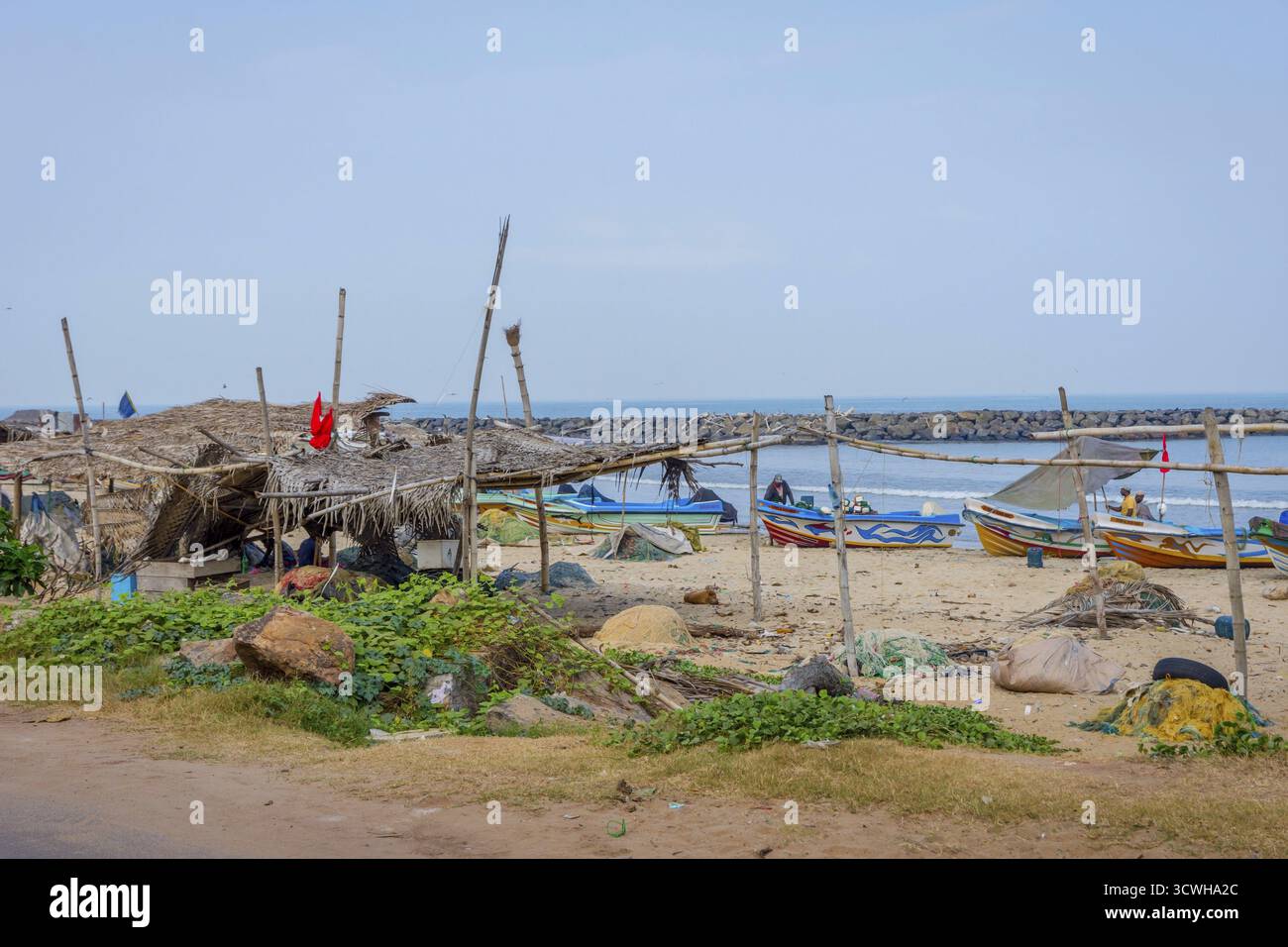 Fischerboote und Unterstände am Strand von Negombo, Sri Lanka Stockfoto