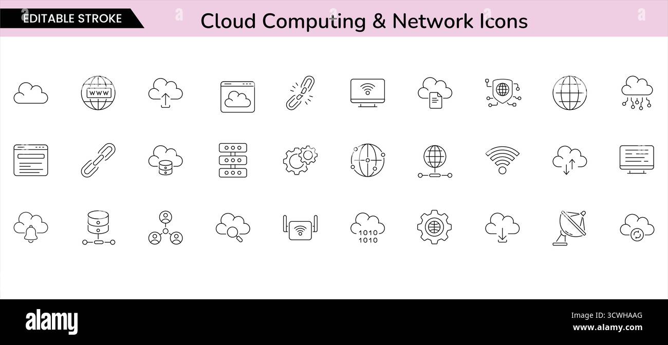 Minimale Symbole für Cloud-Computing, Datenspeicherung und Internetverbindung. Perfekt für Technologie-, IT- und digitale Netzwerkprojekte. Stock Vektor