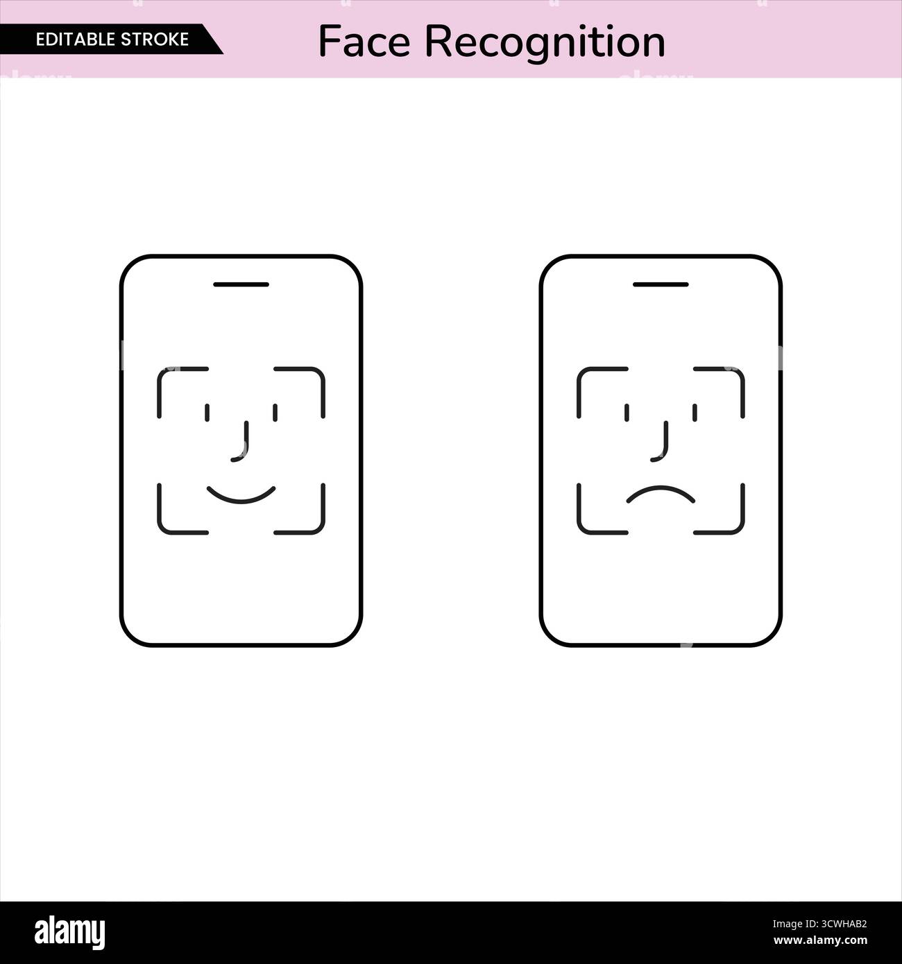 Minimale Kontursymbole, die den Status „Gesichtserkennung erkannt“ und „nicht erkannt“ des Smartphones anzeigen. Bearbeitbares Hubdesign für mobile App und Technologie Stock Vektor