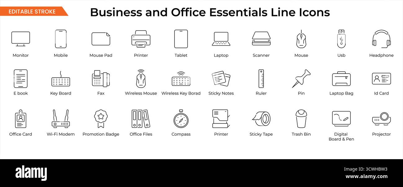 Symbole für Business and Office Essentials | Minimal Workplace Tools and Stationery Vector Outline Pack Stock Vektor