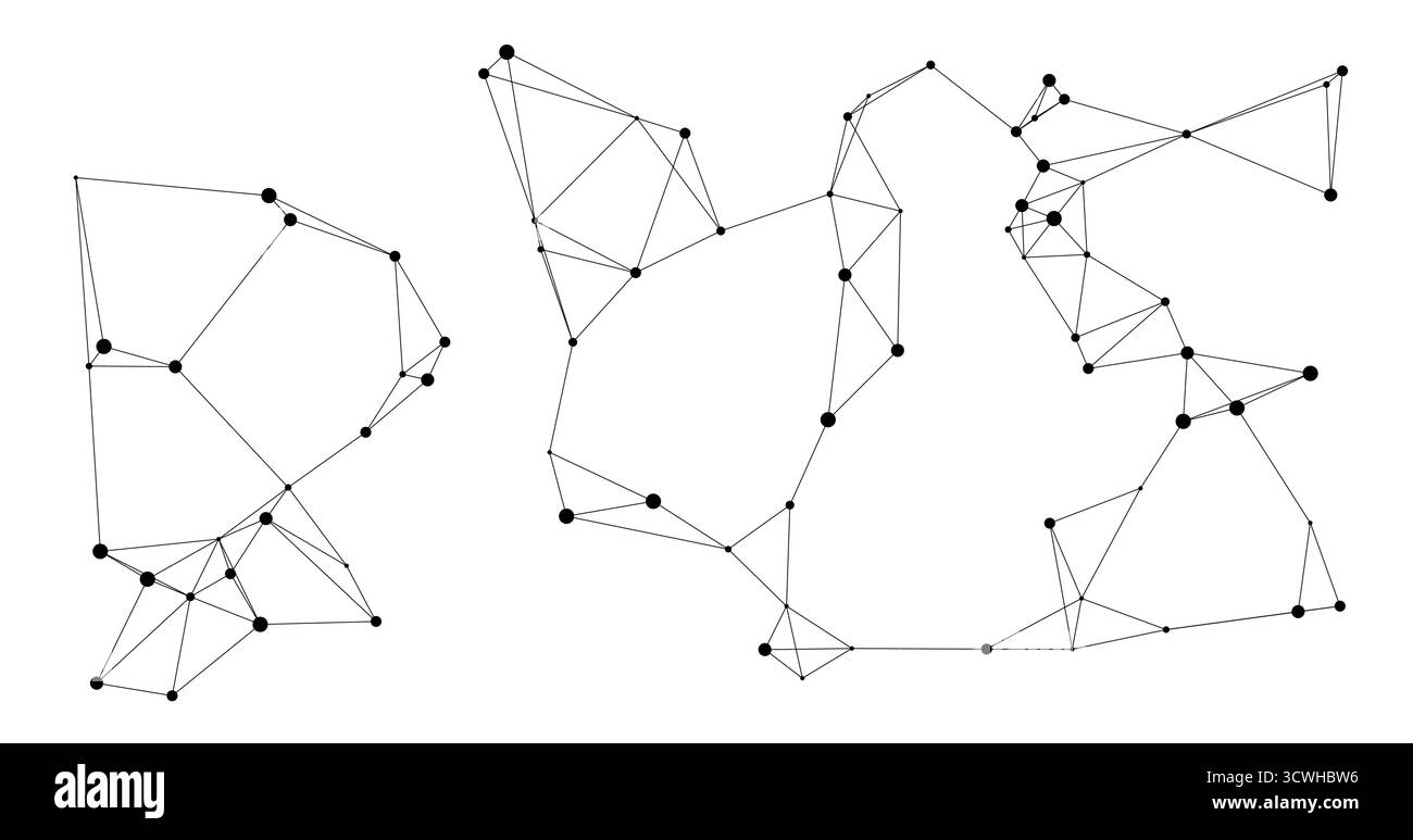 Minimales geometrisches Netzwerk aus verbundenen schwarzen Punkten und Linien auf einem weißen isolierten Hintergrund, ideal für Technologie-, Wissenschafts- oder KI-Konzeptdesign-Vektorillustration Stock Vektor