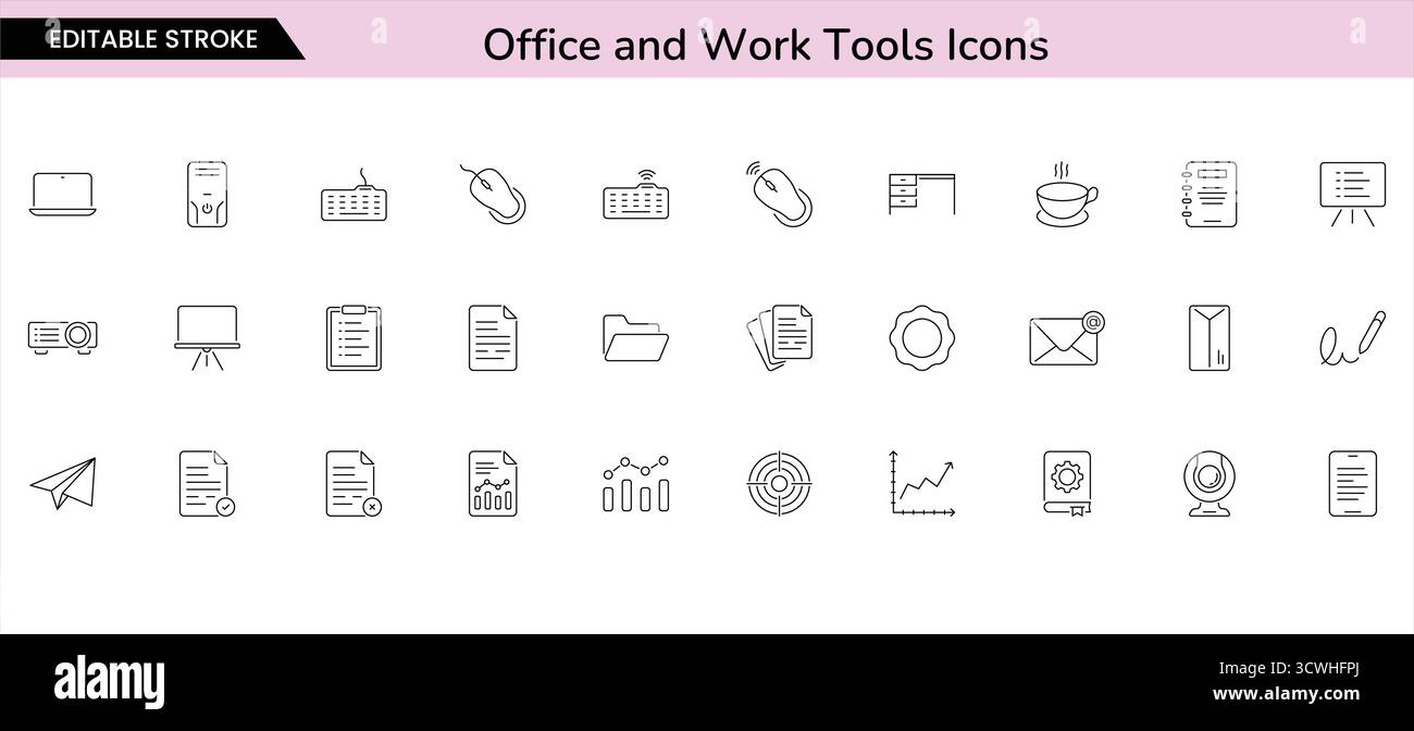 Symbole für Büro- und Arbeitsgeräte – Minimal Line Style Business and Productivity Vector Collection Stock Vektor
