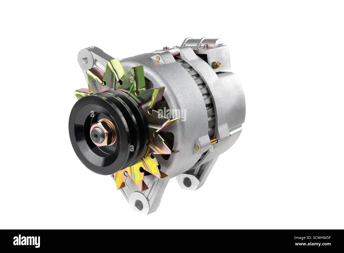 Lkw-Generator auf weißem Hintergrund Nahaufnahme-Generator für elektrisches Netz mit selektivem Fokus Stockfoto