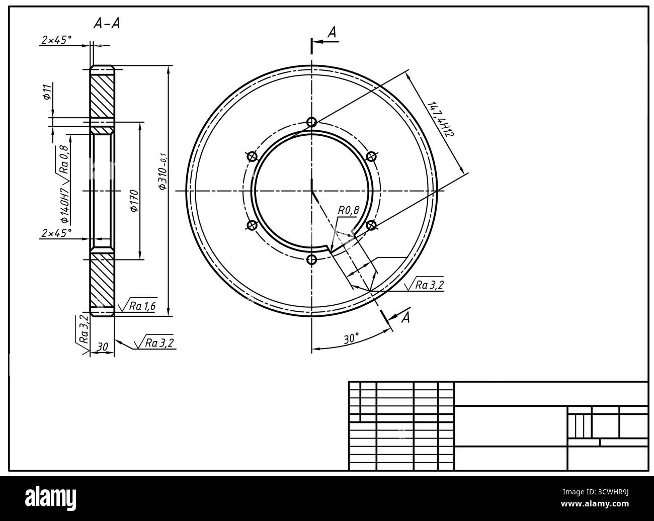 Technische Zeichnung Skizze, CAD-Konstruktion mechanisches Teil in 2D, CNC-Zeichnungserstellung, Arbeitsblatt für isometrische Modellierung mechanischer Baugruppen Stockfoto