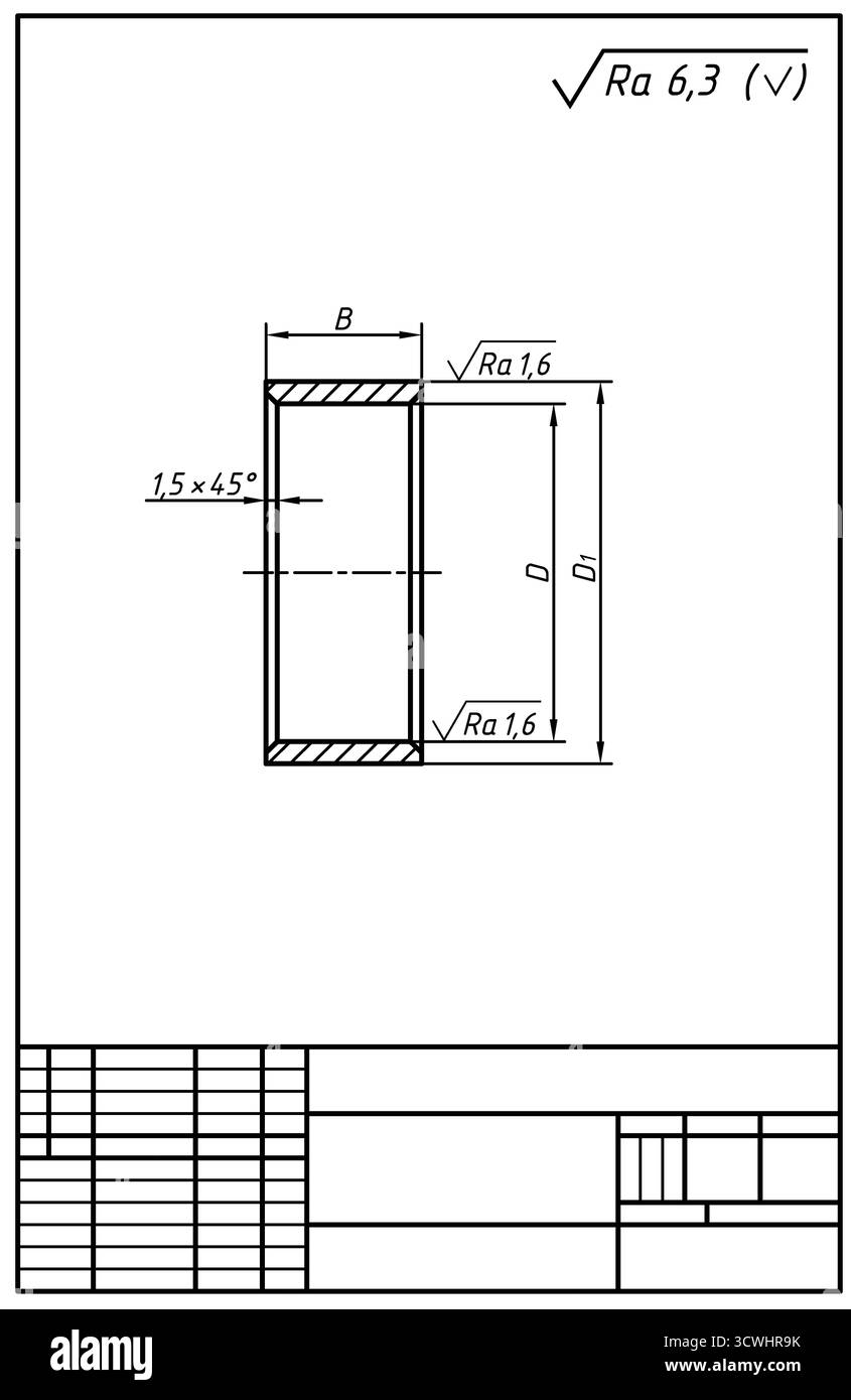 Technische Zeichnung Skizze, CAD-Konstruktion mechanisches Teil in 2D, CNC-Zeichnungserstellung, Arbeitsblatt für isometrische Modellierung mechanischer Baugruppen Stockfoto