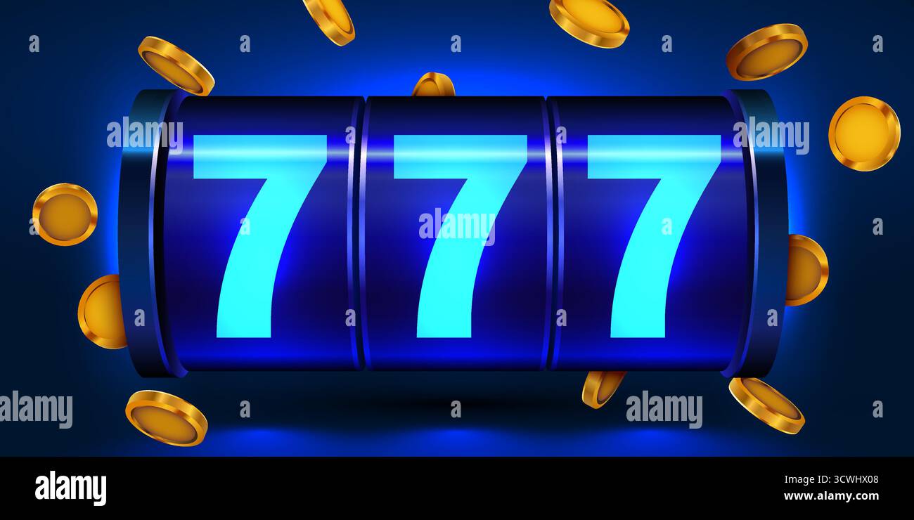Glücklicher 777-Jackpot auf einem Spielautomaten mit fallenden Goldmünzen. Ein lebendiger Hintergrund für Casino-Spiele. Vektorabbildung Stock Vektor