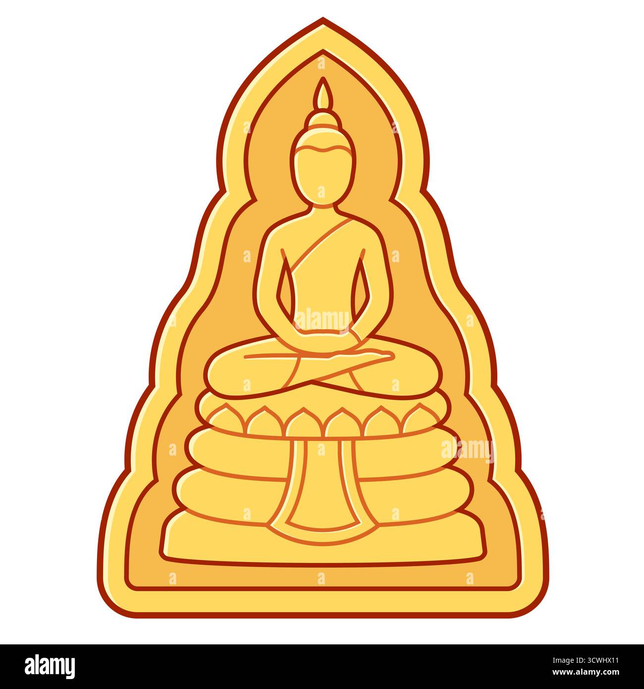 Goldene thailändische Buddha-Statue oder Amulett-Ikone, südostasiatischer Theravada-Buddhismus. Einfache Vektordarstellung. Stock Vektor