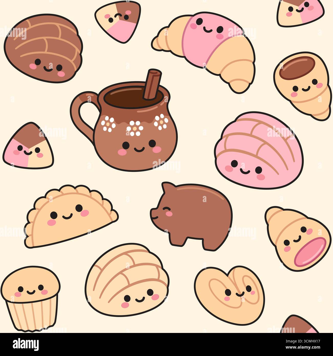 Traditioneller mexikanischer Kaffee und süßes Kawaii-Gebäck im nahtlosen Muster. Conchas, Cuernitos, Puerquitos, Polvorone. Niedliche Zeichentrickvektor-Illustration. Stock Vektor