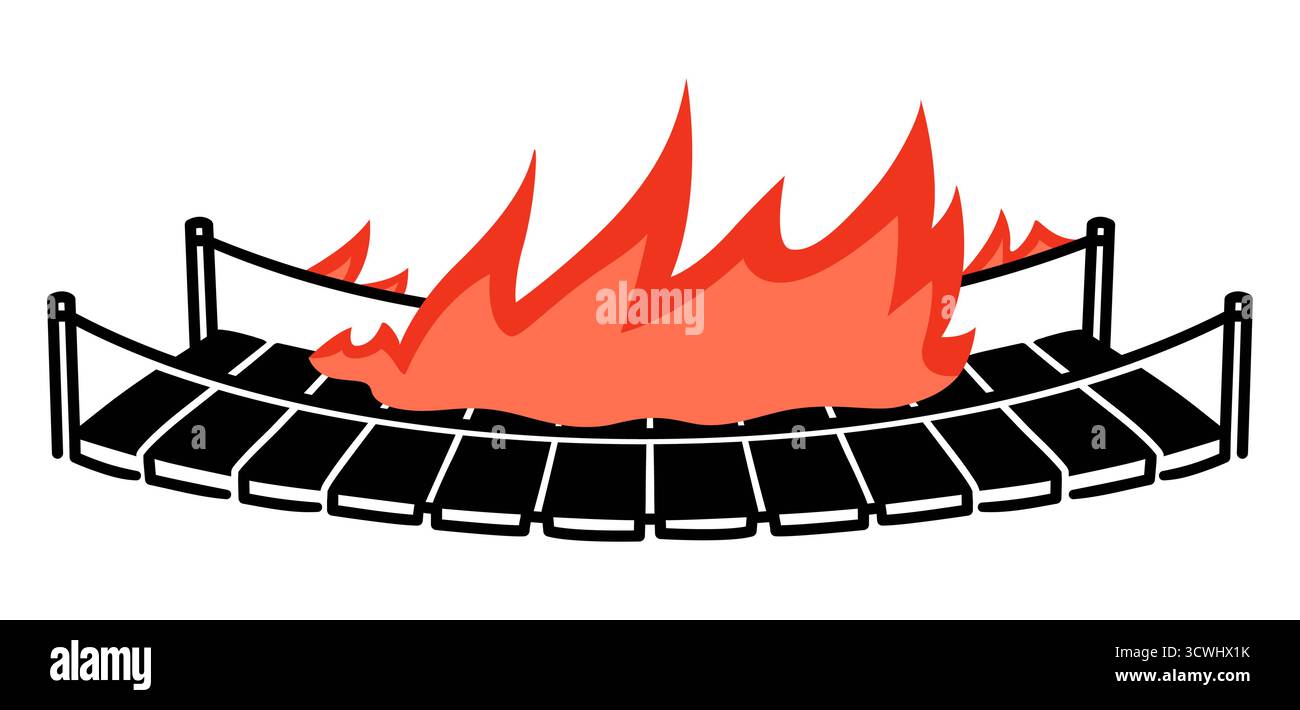 Brennende Brückenzeichnung. Hölzerne Hängeseilbrücke in Brand. Vektor-Clipart-Illustration. Stock Vektor
