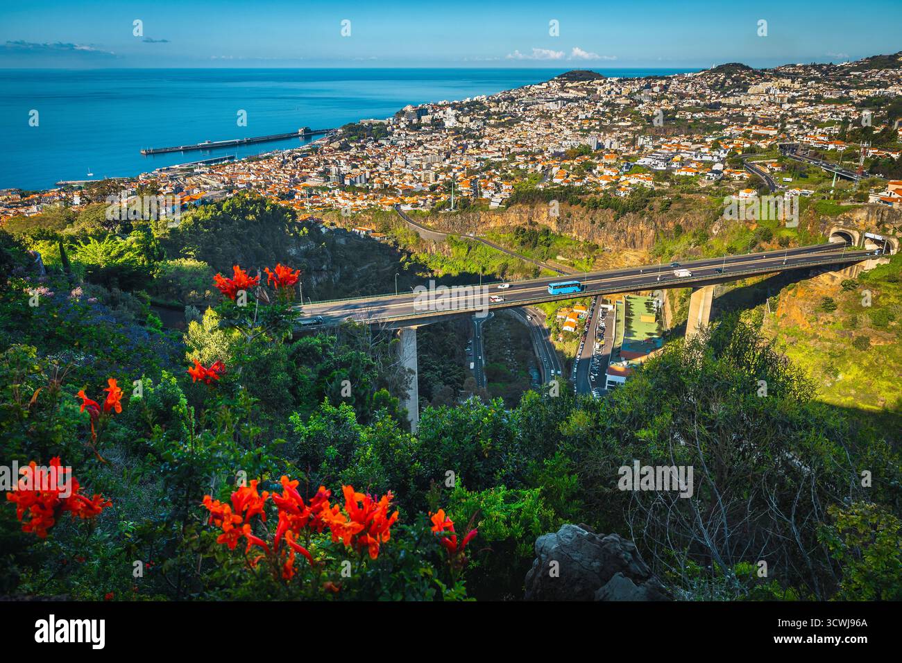 Fantastische Aussicht mit Funchal Stadt und Atlantik im Hintergrund, vom berühmten botanischen Garten, Madeira Insel, Portugal, Europa Stockfoto
