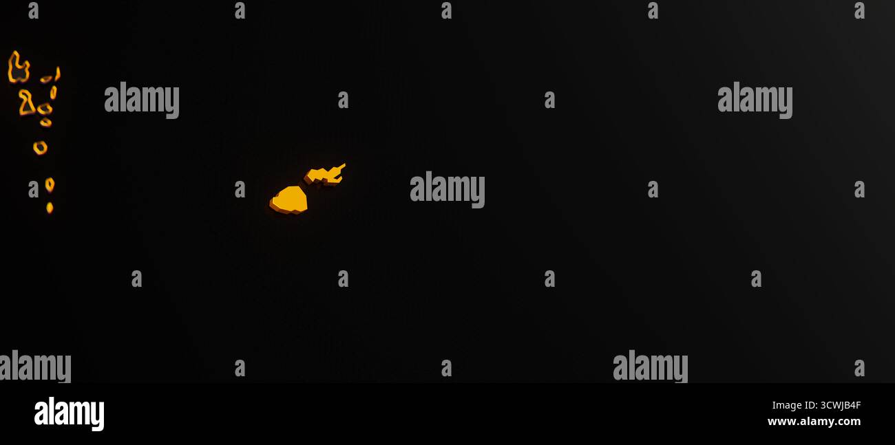 Goldene Fidschi 3D-Karte umgeben von anderen Ländern in Schwarz mit goldenen Grenzen und flachem dof. Politische Karte mit Grenzen Stockfoto