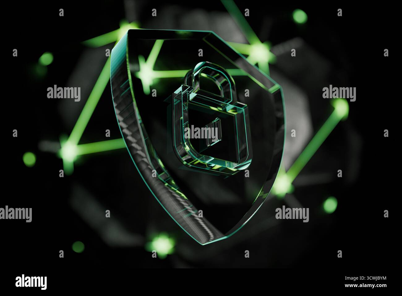 Cybersecurity Shield mit Schloss auf dunklem Hintergrund mit grünen Lichtlinien, kreative Idee. Internetdatenschutzkonzept. Datenschutz, Verschlüsselung Stockfoto