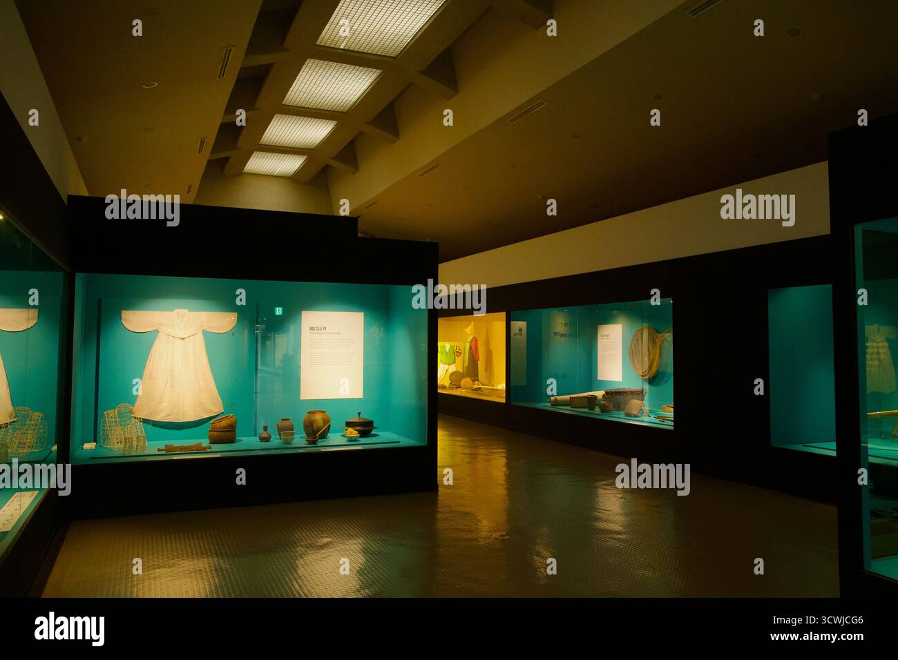 Glaskästen in einer Galerie des Jeju Folklore & Natural History Museum zeigen Kleidungsstücke, Töpferwaren und Alltagswerkzeuge mit beleuchteten Tafeln und einer Co Stockfoto