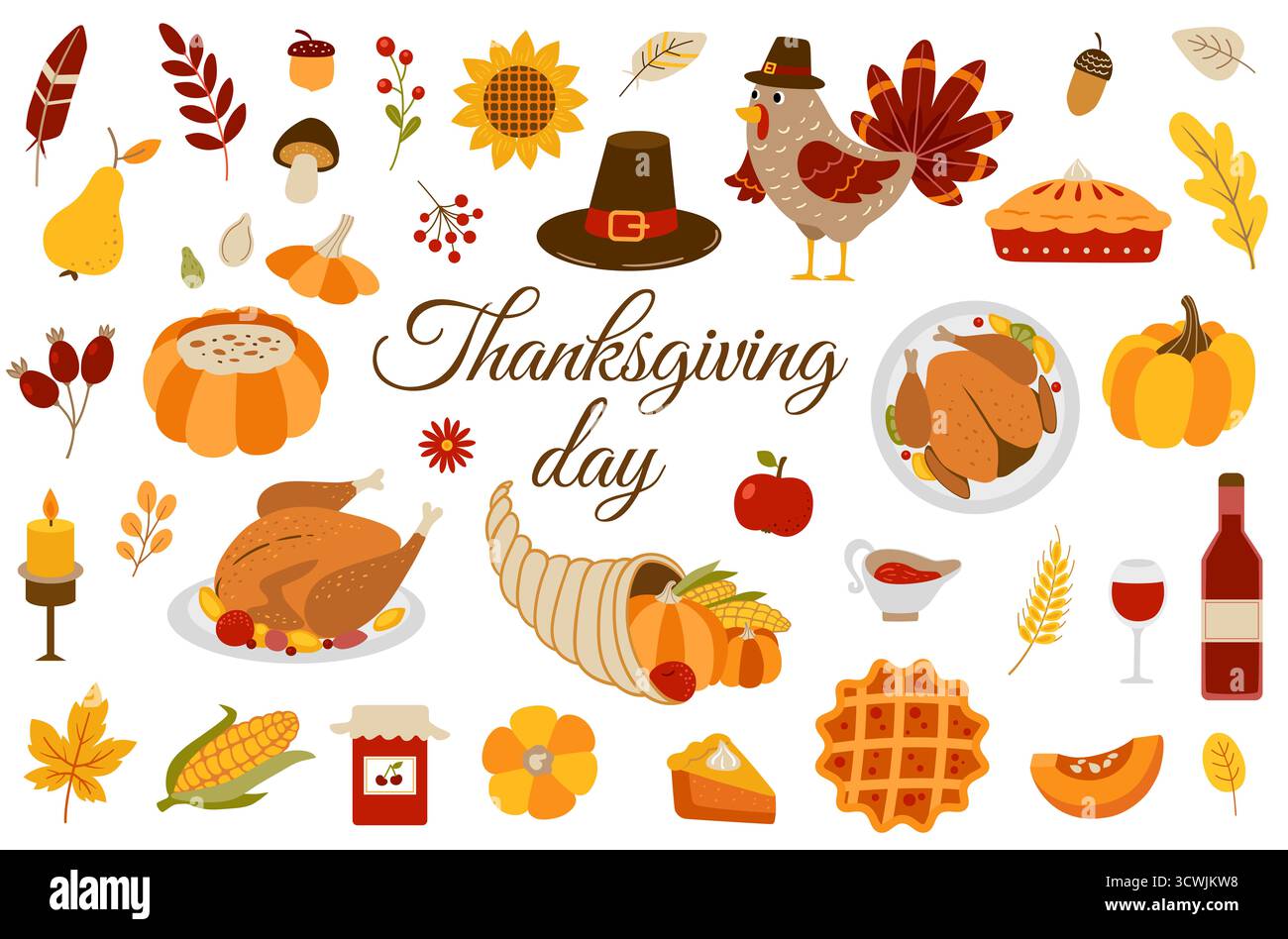 Set mit verschiedenen dekorativen Elementen und Speisen für Thanksgiving Day. Stockfoto