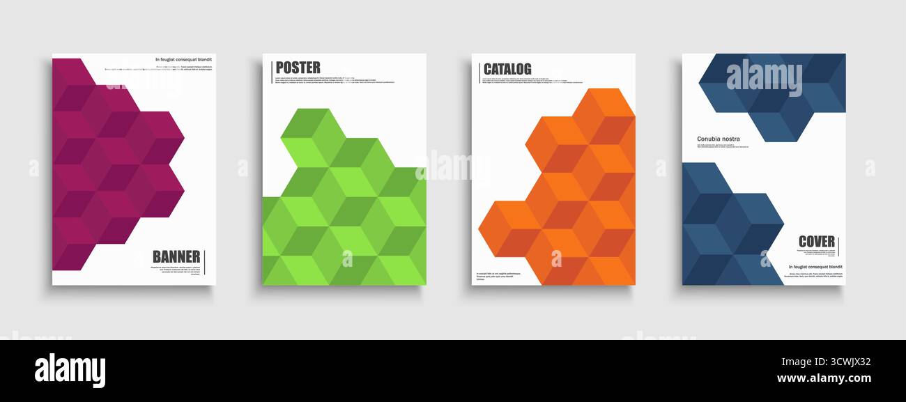 Sammlung von farbigen modernen Covern, Vorlagen, Hintergründen, Plakaten, Broschüren, Banner, Flyer. Abstrakter Druck mit geometrischen 3D-Würfelformen für Stock Vektor