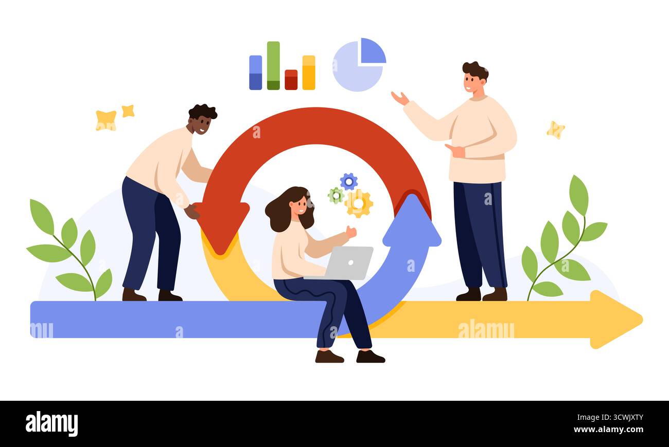 Agiles Methodenkonzept mit verschiedenen Teamzusammenarbeit, iterativem Workflow und Projektmanagement mit Diagrammen, Zahnrädern und Pfeilen, isoliert auf weißem Hintergrund Vektorillustration Stock Vektor