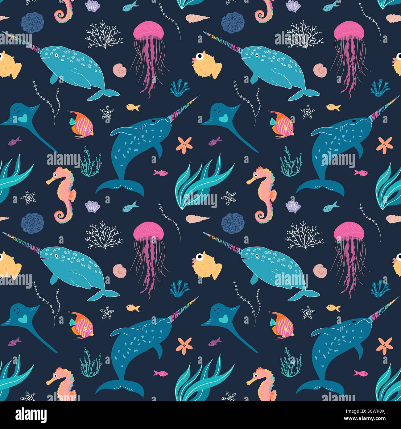 Buntes nahtloses Vektormuster mit Narwalen, Quallen, Seepferden, tropischen Fischen, Muscheln und Korallen auf dunklem Hintergrund, perfekt für Kindertextilien, Geschenkpapier, Tapeten und Sommerdesigns. Stock Vektor