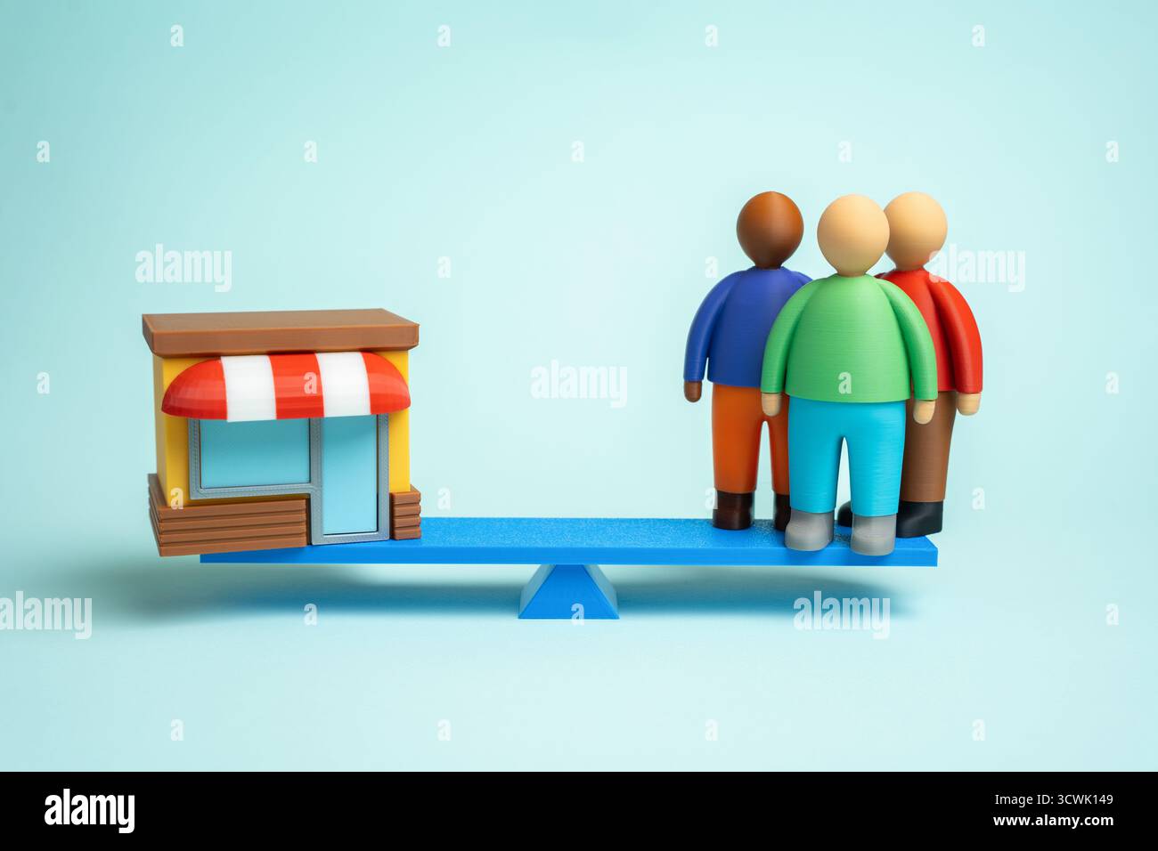 Laden und Kunden auf der Waage. Unterstützung lokaler Unternehmen. Arbeitsplätze, Unterstützung der lokalen Wirtschaft. Verbraucherverhalten, Marktverträglichkeit und Reg Stockfoto