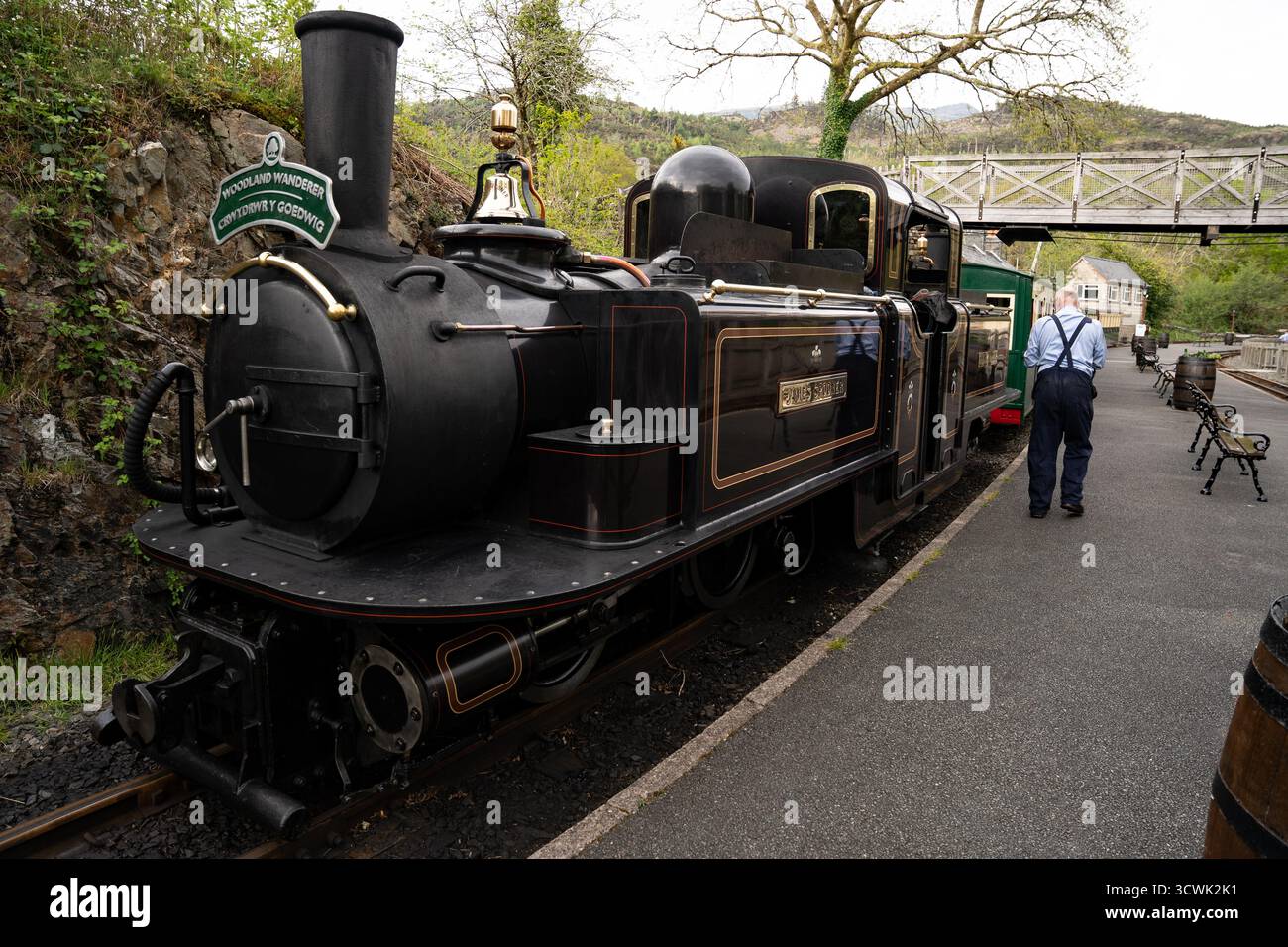 Historische Dampflokomotive am Bahnsteig des ländlichen Bahnhofs mit uniformierter Wache Stockfoto Historische Dampflokomotive am Bahnsteig des ländlichen Bahnhofs mit uniformierter Wache Stockfoto