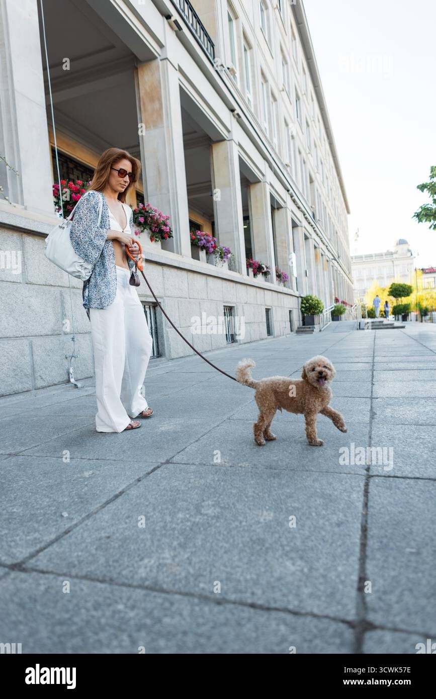 Rückansicht Des Modischen Woman Walking Dog An Der Leine In Downtown. Städtischer Lebensstil, Tierpflege, Alltag Mit Stadtarchitektur. Stockfoto