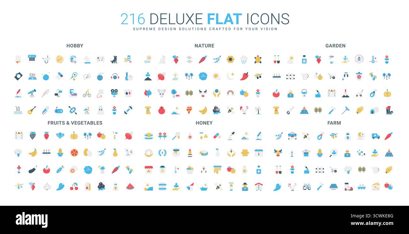 Bunte flache Symbole für Gartenarbeit, Natur, Landwirtschaft, Obst, Gemüse, Honig und Hobby-Aktivitäten, nützlich für Öko-, Bio- und ländliche Lifestyle-Themen isolierte Vektor-Illustration Stock Vektor