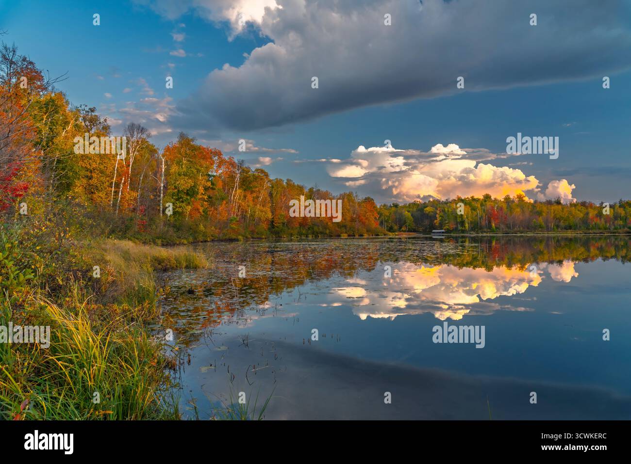 Herbstfarben und Wolken spiegeln sich im Wabena Lake, Minnesota, USA. Stockfoto