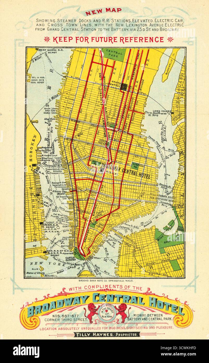 1900 Broadway Central Hotelkarte : Pocket Map of New York präsentiert mit den Komplimenten des Broadway Central Hotels | neue Karte zeigt Steamer Docks und R.R. Stationen, Elevated, Electric Car, und Cross Town Lines, mit der New Lexington Avenue Electric von Grand Central Station zur Batterie, über 23 D St. und Broadway Stockfoto