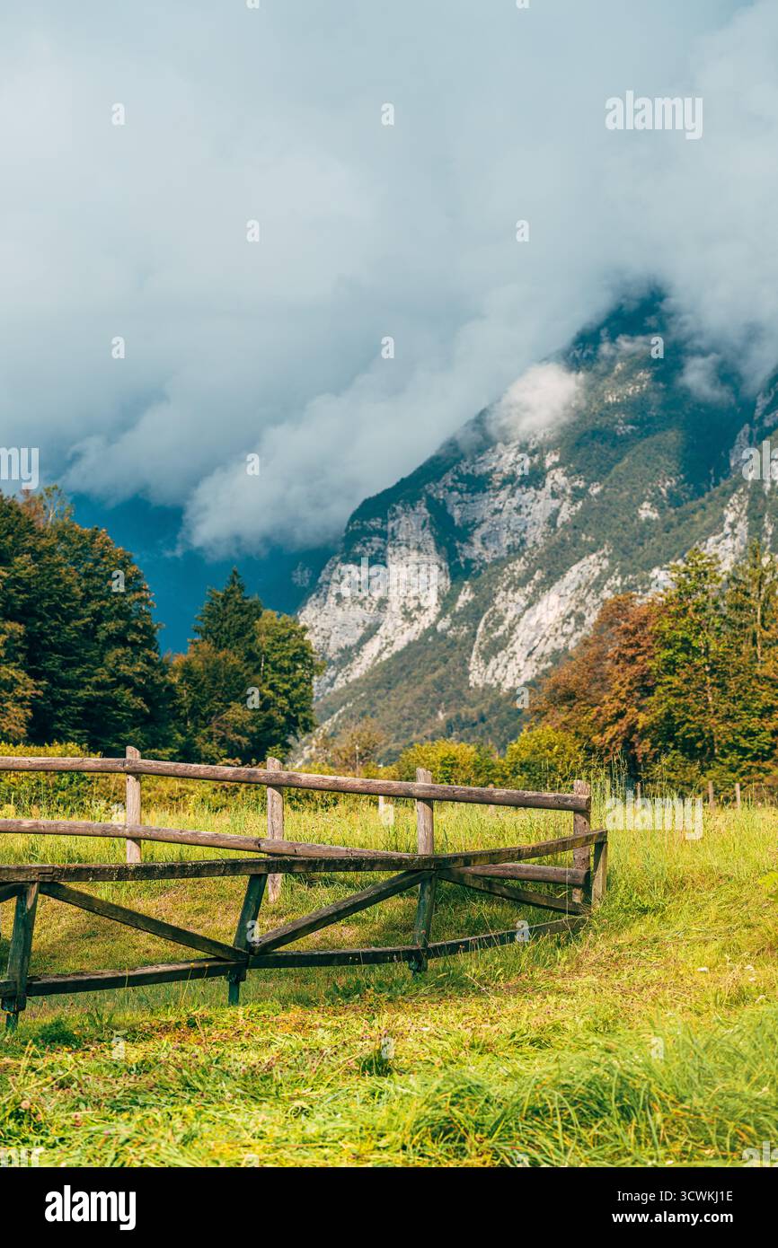 Rustikale Holzbarriere im Bohinj-Tal, ein Symbol der alpinen Tradition, die mit der ruhigen slowenischen Landschaft verschmilzt. Stockfoto