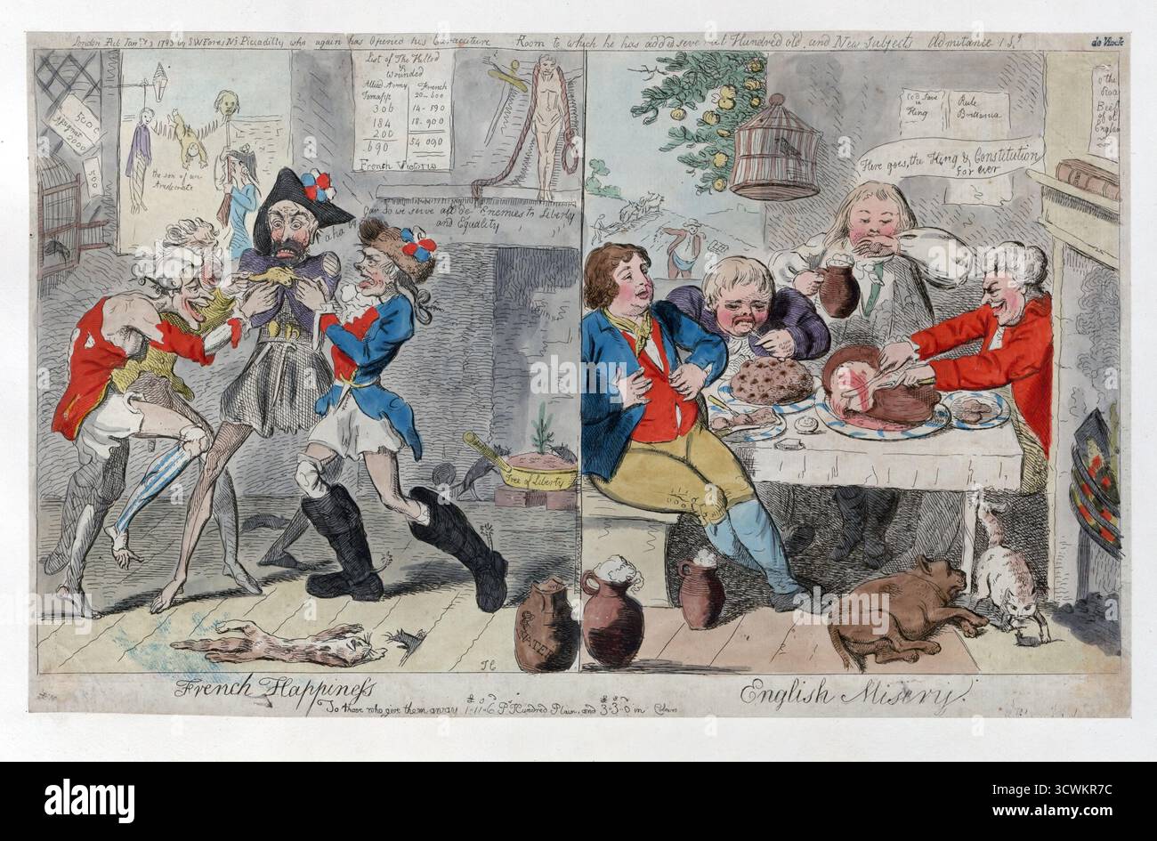 Gravur aus der georgischen Ära von Isaac Cruikshank 1793 französisches Glück englisches Elend, Vintage antike Druckkunst handfarbige Radierung von S W Fores und Carl de Vink, stellt satirisch das gefühlte Leiden französischer Revolutionäre (ohne Culottes) mit dem Festmahl und der Fülle in einer englischen Taverne gegenüber Stockfoto