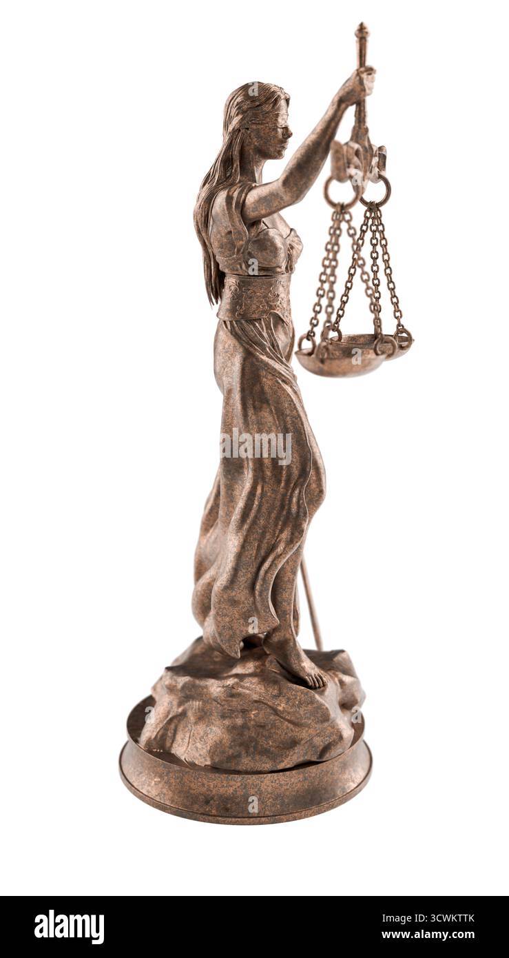 Bronzestatue der Justizdame isoliert auf weißem Hintergrund. Stockfoto