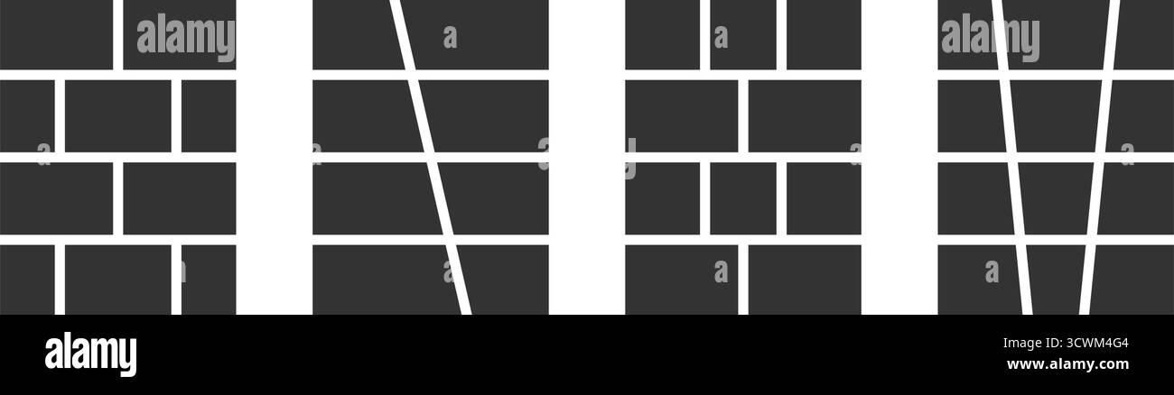 Satz von Comic-Vorlagen. Anime-Seitenbereiche auf weißem Hintergrund isoliert. Schwarze Raster für Manga Storyboard. Layouts für Broschüren, Präsentationen, Banner oder Moodboards. Vektorgrafik. Stock Vektor